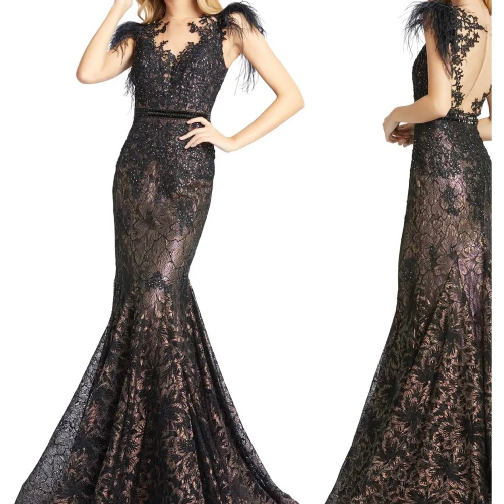 MacDuggal Sequin Lace Feather Sleeve Mermaid Gown